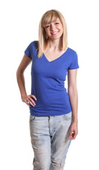 Obraz premium Standing woman with dark eyes and blue jeans