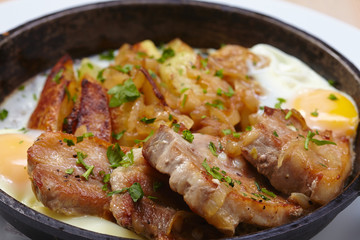 fried meat with potatoes and egg