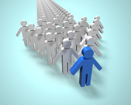 Blue 3D people in first position of group in arrow shape