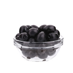 Glass bowl with black olives.