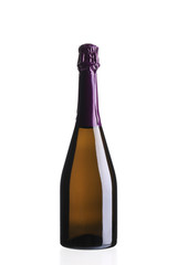 Bottle of champagne with violet top.