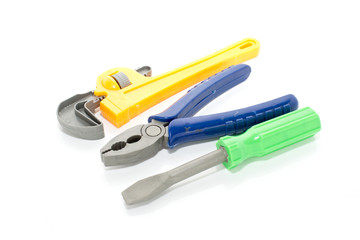 Toy plastic tools isolated on white background