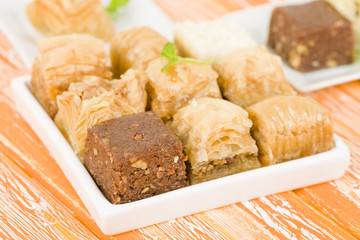 Baklava - Middle Eastern sweet pastry and nuts selection