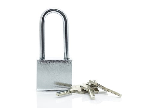 Padlock with three keys on white background