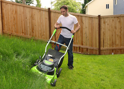 Man Cutting The Grass Guy Pushing Lawn Mower