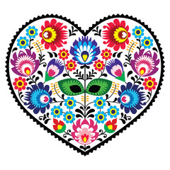 Polish folk art art heart with flowers - wzory lowickie