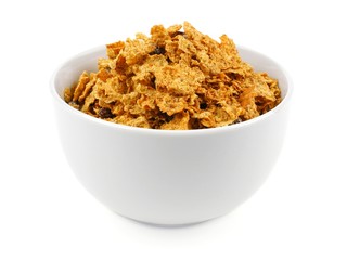 Bowl of bran flakes cereal on a white background