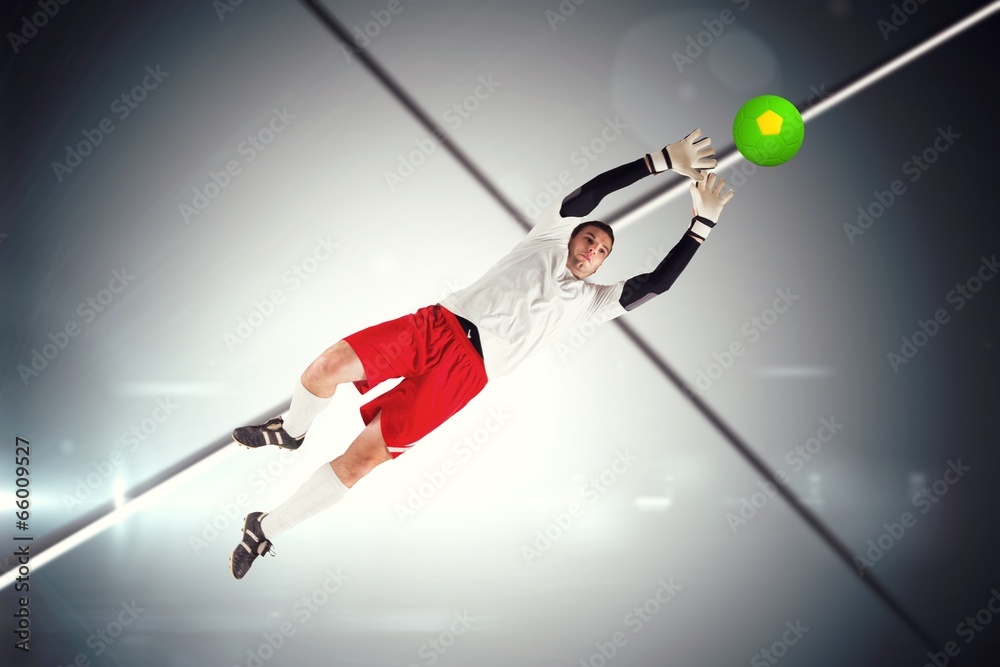 Poster composite image of goalkeeper in white jumping up