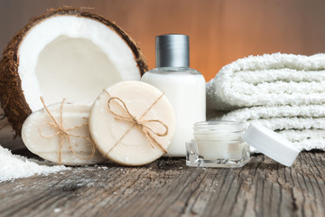 Bars of soap, coconut and face cream-spa setting