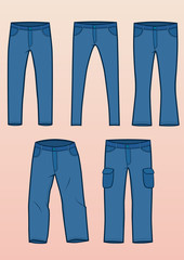Set of 5 most common jeans types