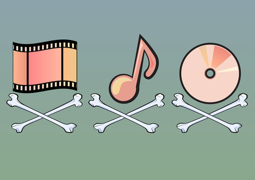 Pirate style signs with movie roll and musical note and disk