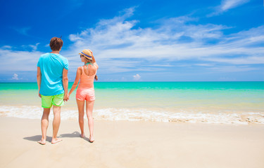 Fototapeta na wymiar back view of young couple walking at beach