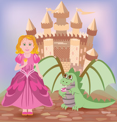 Cute princess and little dragon, vector illustration