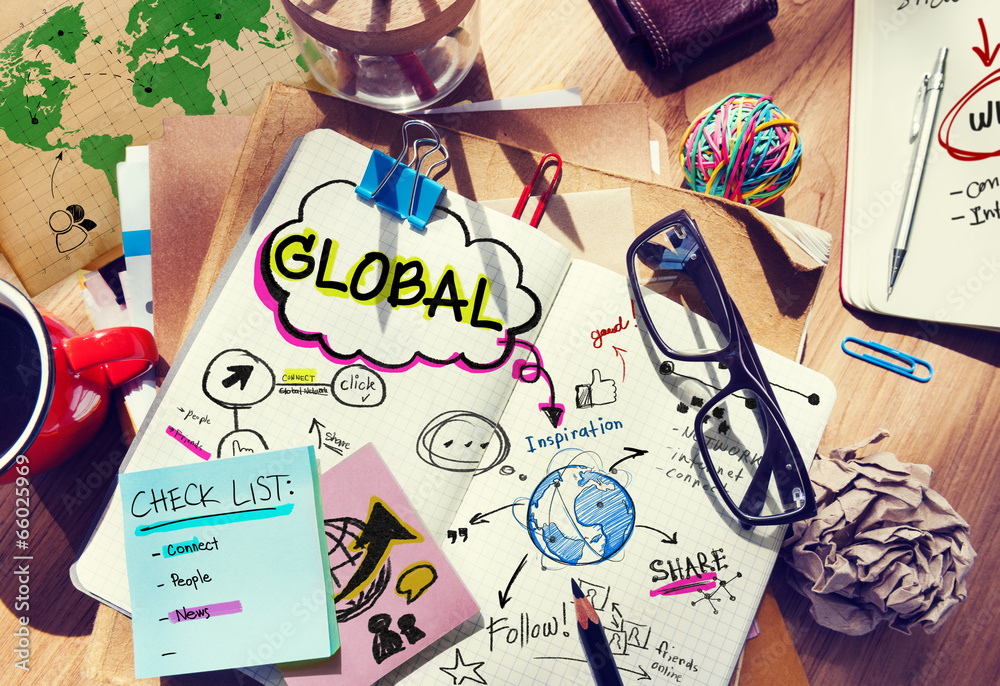 Canvas Prints office desk with tools and notes about global communication