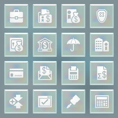 Banking white icons on blue buttons.