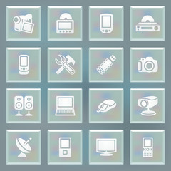 Electronics white icons on blue buttons.