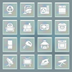 Home appliances white icons on blue buttons.