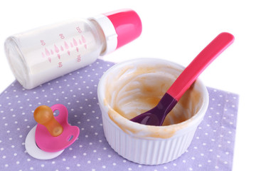 Baby bottle with milk and dirty bowl on napkin close up