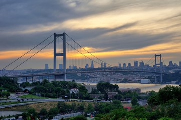 Bosphorus Bridge sunset behind the trees