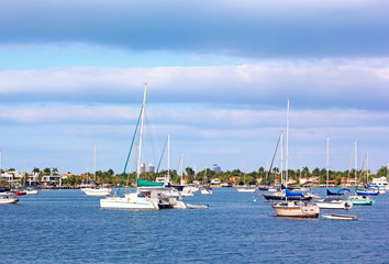 Fototapeta na wymiar Yachts anchored in Miami city marina, Florida USA