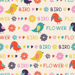 Seamless pattern of birds and flowers
