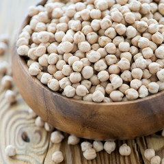 Close-up of raw chickpeas in a wooden bowl