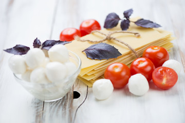 Red tomatoes, mozzarella balls, lasagna sheets and purple basil