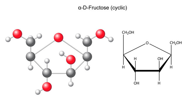 Сhemical formula and model of fructose (alpha-D- fructose)
