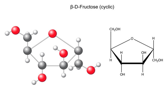 Сhemical formula and model of fructose (beta-D-fructose)