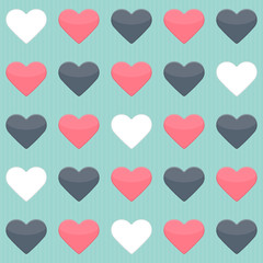 Seamless pattern with blue red and white hearts over mint