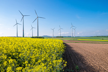 Rural landscape with windwheels seen in Germany