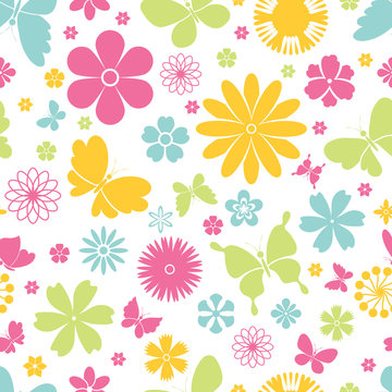 Spring butterflies and flowers seamless pattern
