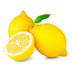 Ripe lemon with green leaf isolated on white background