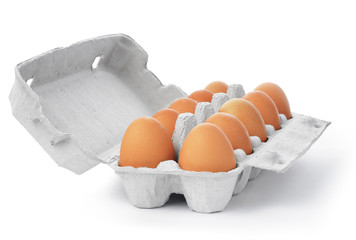 Ten brown eggs in a carton package