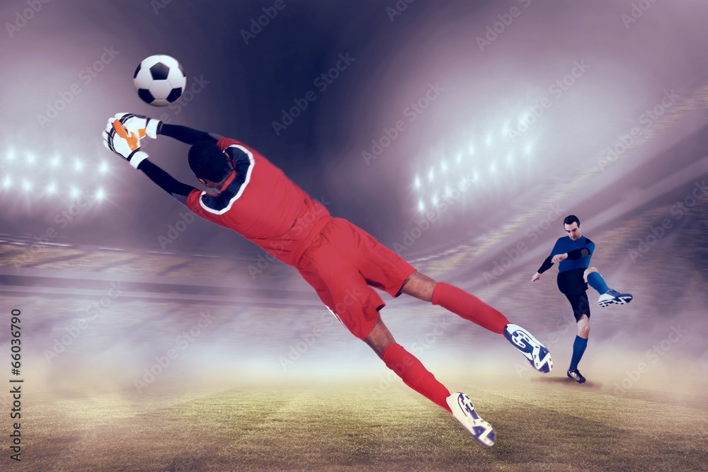 Poster composite image of goalkeeper in red making a save
