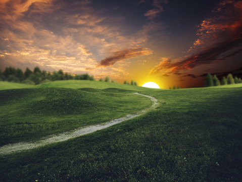 Mystical sunset over summer green hills, abstract environmental