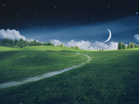 Fantastic starry night on the farmland, environmental background