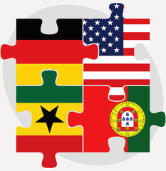 German, USA, Ghanaian and Portuguese Flags in puzzle isolated on