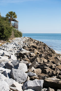 Rock Seawall and Deck of Coastal Home