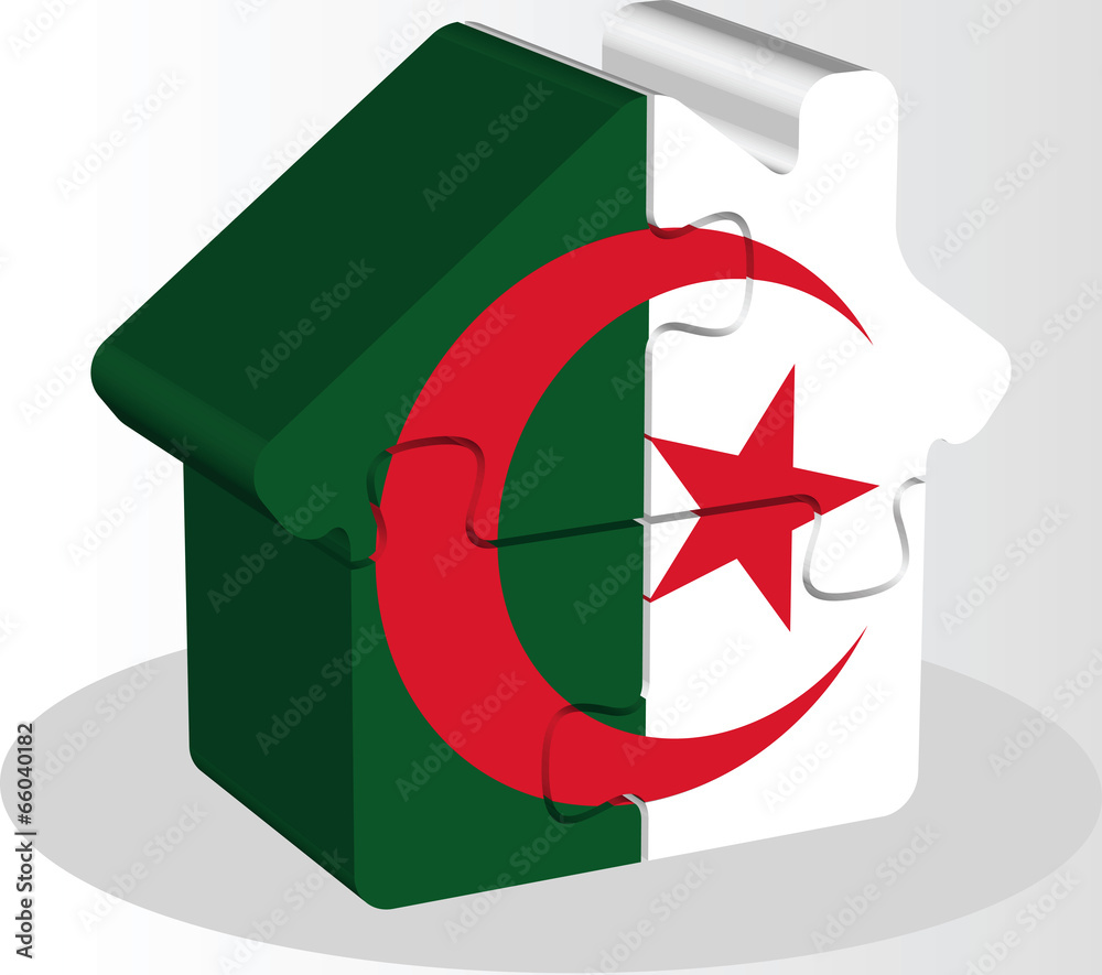 Wall mural house home icon with Algerian flag in puzzle isolated on white b