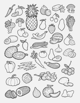 Set of fruits and vegetables icons sketch