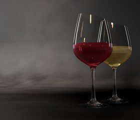 Two glasses of wine on a dark background.