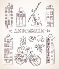 Fototapeta premium Vector set: homes, tulips, bicycle, mill, clogs amsterdam