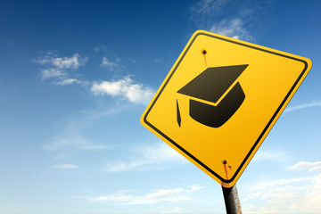 Education area ahead. Yellow traffic sign.