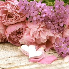 Rosa Blumenstrauß mit Pfingstrosen und Herzen - Glückwunschkarte Hochzeit, Muttertag ,...