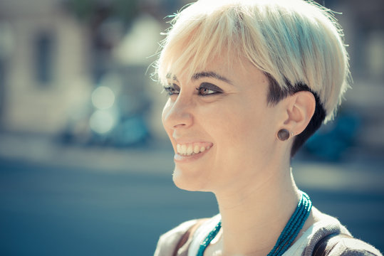 beautiful young blonde short hair hipster woman