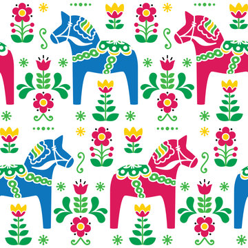 Swedish folk art Dala or Daleclarian horse seamless pattern
