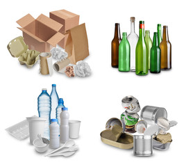 Samples of trash for recycling isolated on white background