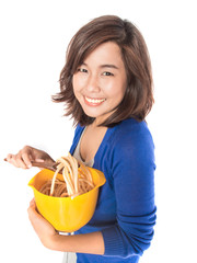 Fototapeta na wymiar woman preparing pasta on white background.