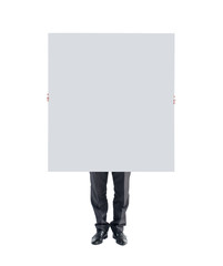 man hands holding showing white blank poster board